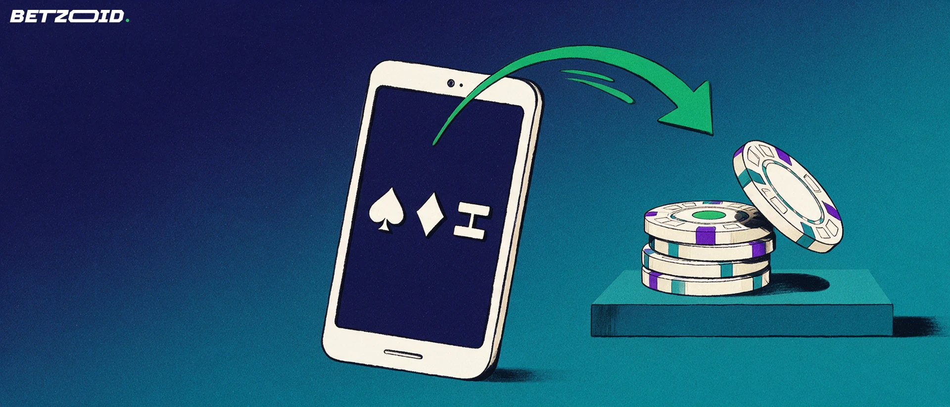 Illustration af en smartphone, hvorfra en grøn pil fører penge over i en stak casinojetoner.