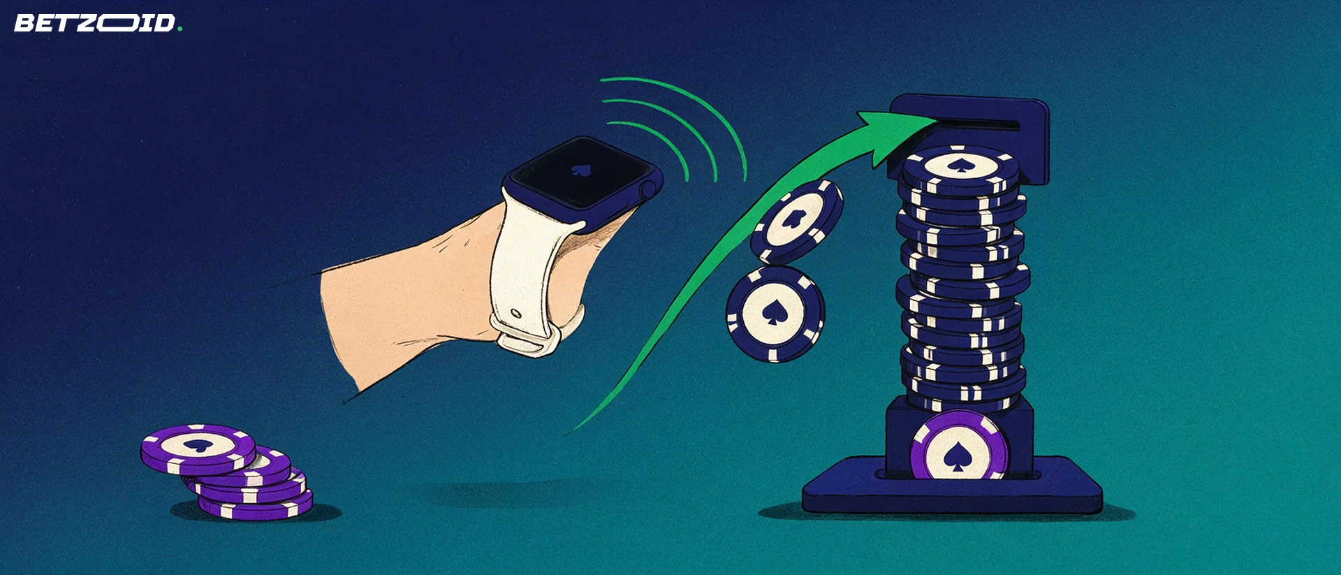 Illustrazione di uno smartwatch avvicinato a un lettore contactless a forma di pila di fiches da casinò, con onde verdi e una freccia che porta le fiches nel saldo