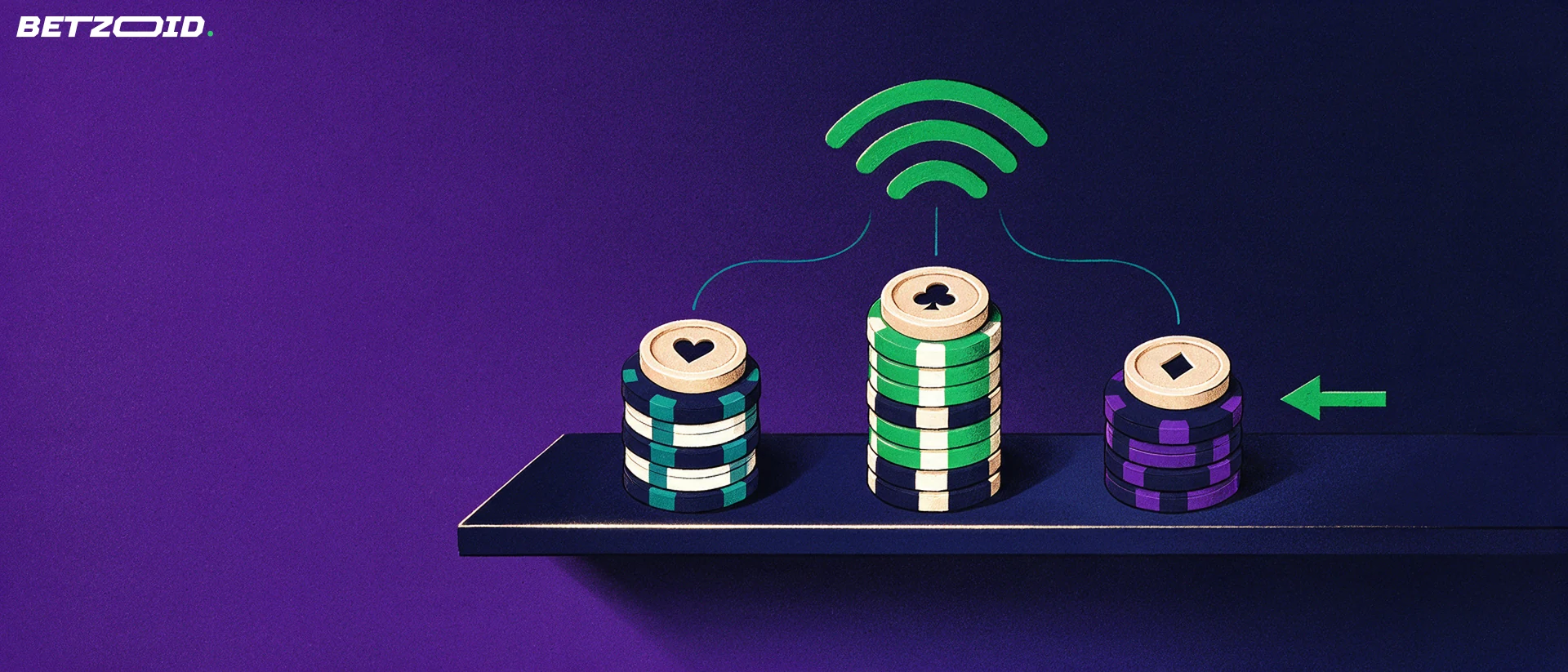 Illustrazione di tre pile di fiches di altezze diverse con simboli delle carte, collegate a un unico simbolo contactless verde e indicate da una freccia