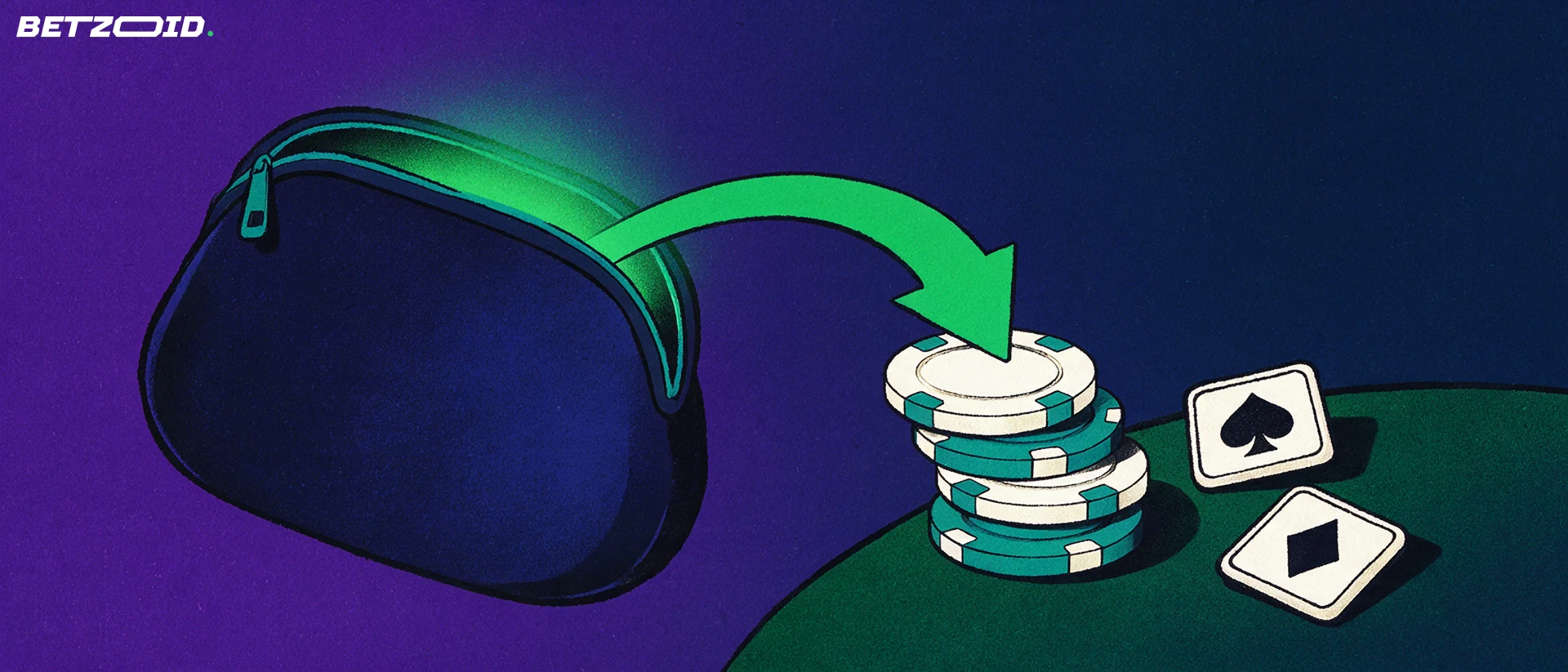 Illustrazione di un portafoglio elettronico con una freccia verde che indirizza fondi verso fiches e simboli delle carte da gioco.