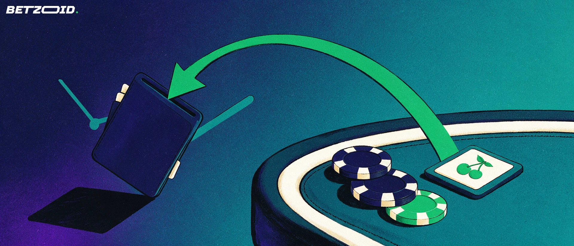 Illustrazione di fiches che lasciano il tavolo da casinò seguendo una freccia verso un portafoglio digitale.