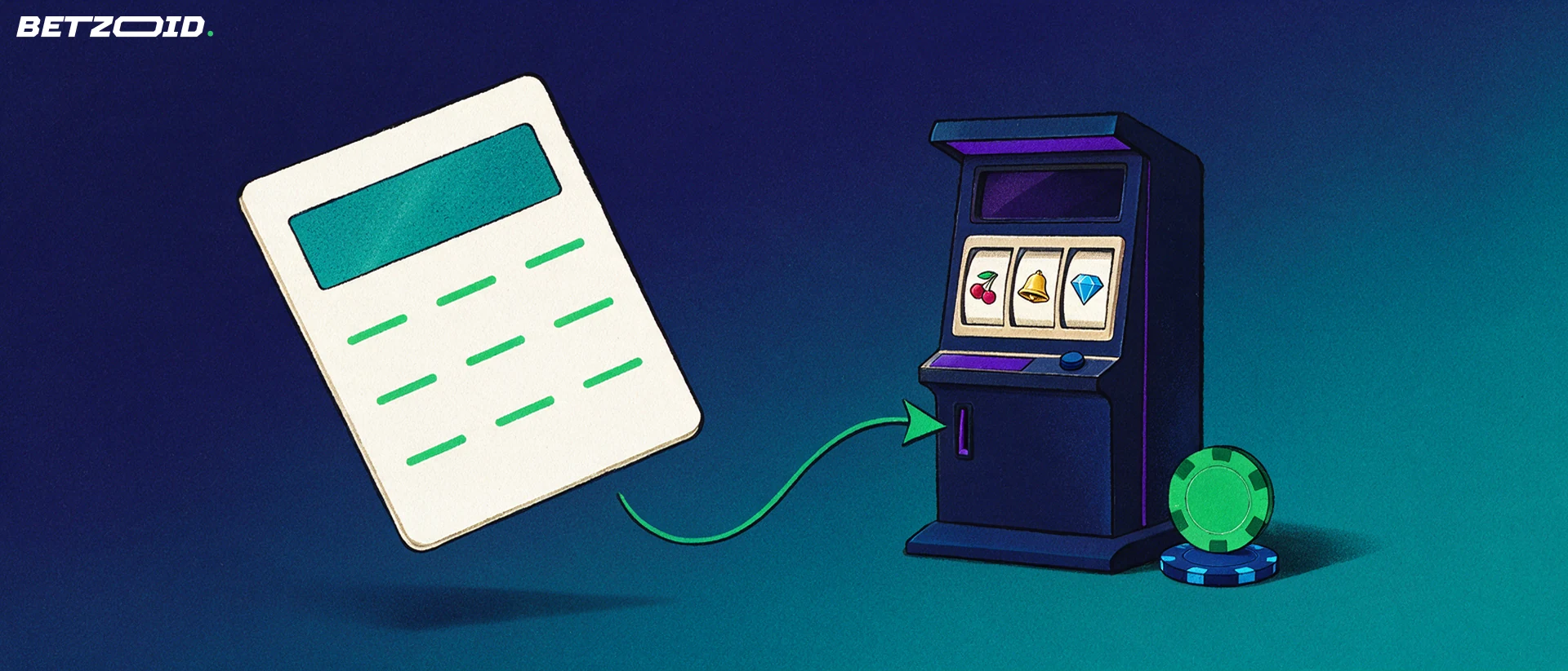 Illustrazione di un voucher prepagato con banda da grattare che alimenta una slot machine con simboli di ciliegia, campana e diamante