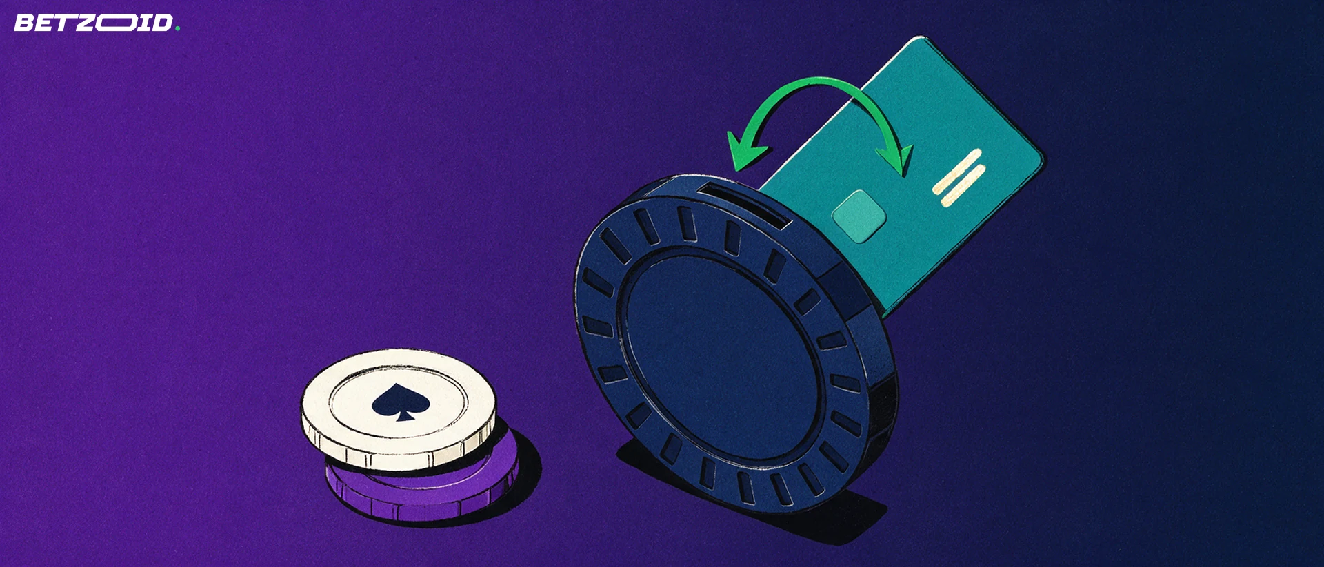 Illustratie van een prepaidkaart die in de gleuf van een grote casinofiche schuift, met een groene pijl die de storting aangeeft.