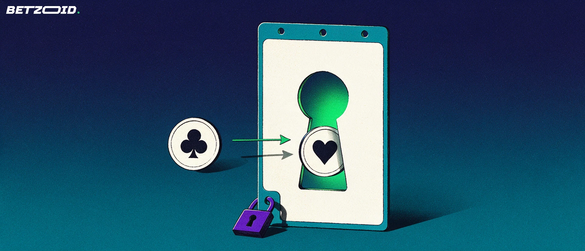 Illustratie van een prepaidkaart met sleutelgat waardoor casinofiches met hart- en klaversymbool passeren, met een hangslot ernaast.