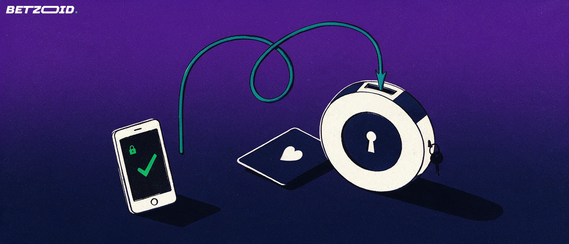 Illustratie van een smartphone met een vinkje waarvan een pijl naar een grote fiche met muntgleuf loopt.