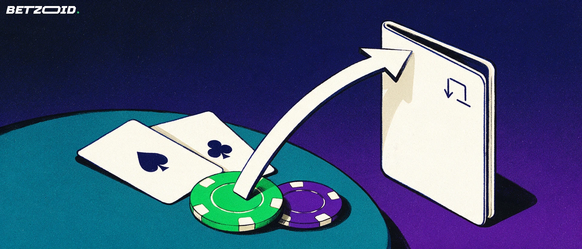 Illustrasjon der en pil flytter en spillebrikke fra casinobord med kort og sjetonger opp i en telefon formet som en lommebok.