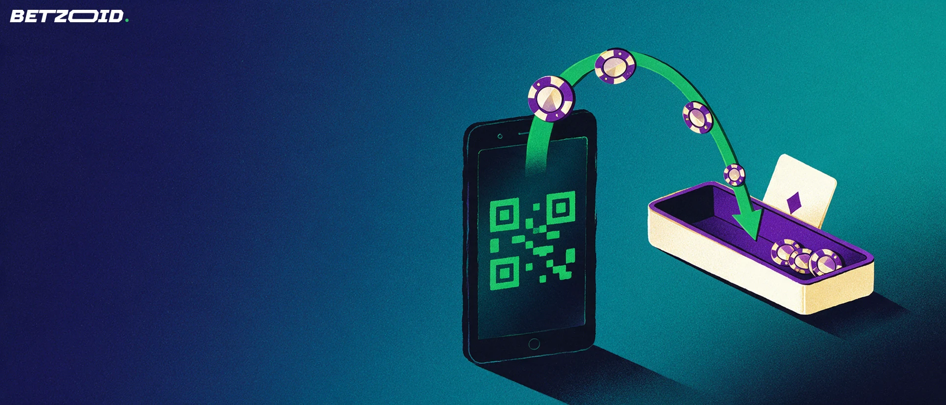 Ilustración de un teléfono con un código QR en pantalla y una flecha verde que lleva fichas de casino hacia una bandeja.