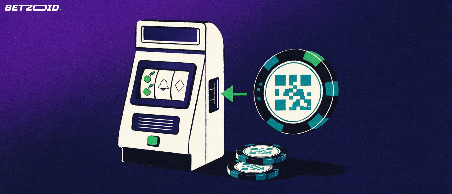 Ilustración de una máquina tragamonedas que recibe una ficha grande con patrón de código QR impulsada por una flecha.