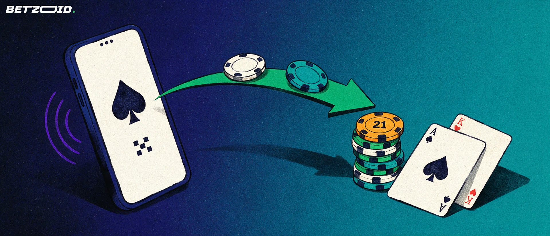 Ilustração de um smartphone a enviar fichas de casino por uma seta verde até uma pilha de fichas e cartas de jogar.