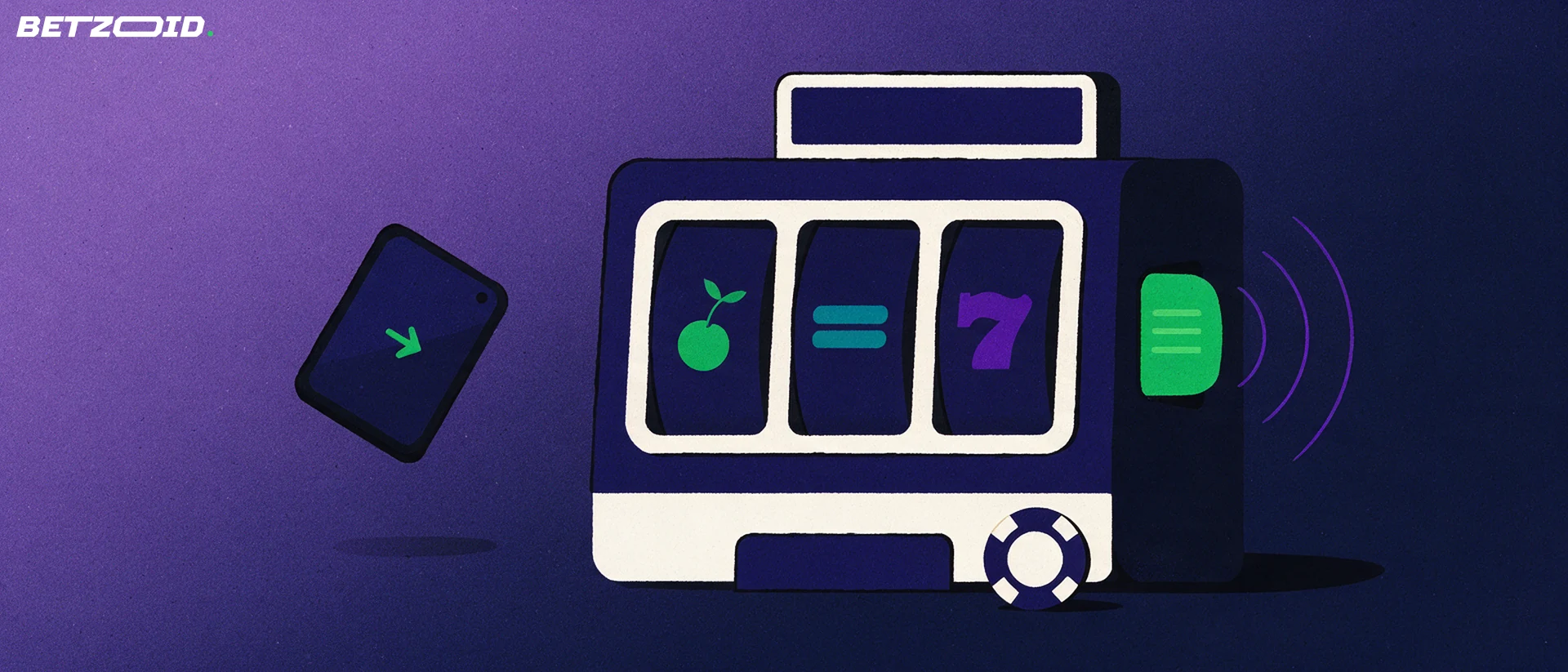 Ilustração de uma slot machine com leitor de pagamento por aproximação a receber ondas de um telemóvel pequeno ao lado.