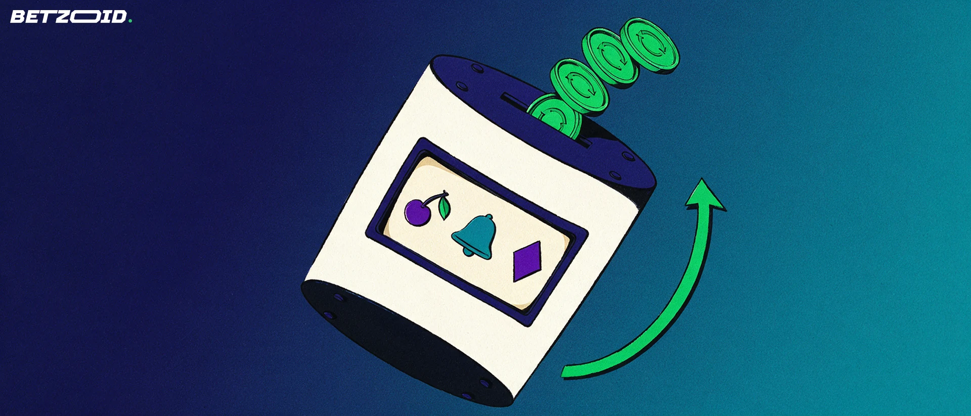 Illustration of round tokens marked with circular arrows dropping into a large slot machine reel drum showing cherry, bell and diamond symbols.