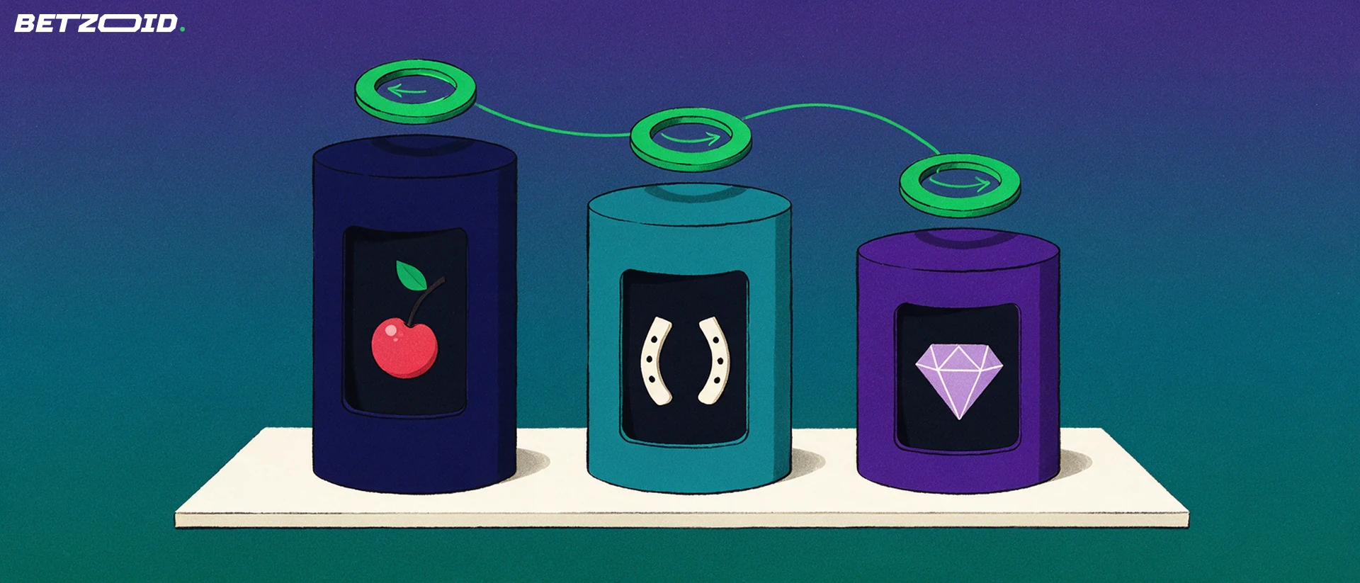Illustration of three slot reel cylinders of different heights on a shelf, each topped by a green ring token with a spin arrow.