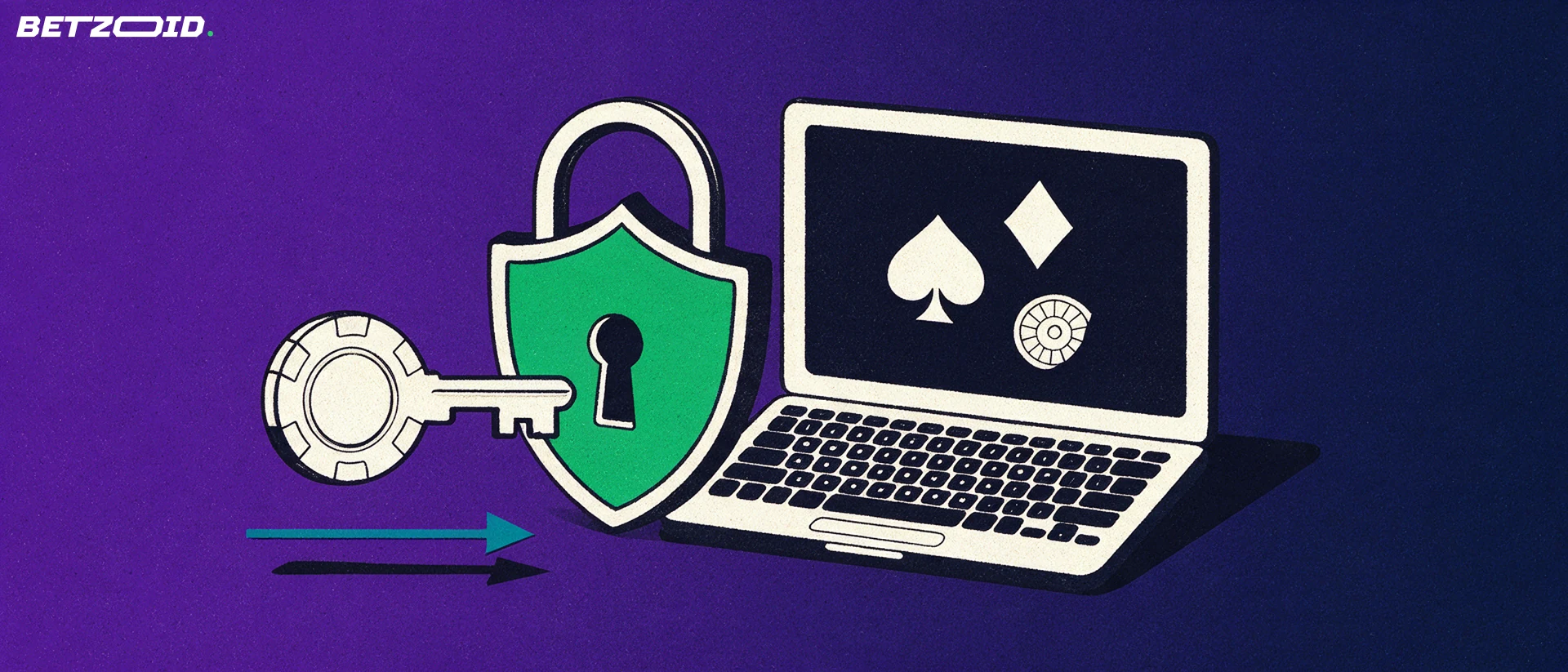 Ilustración de una ficha de casino con forma de llave entrando en un candado junto a una laptop que muestra símbolos de cartas.