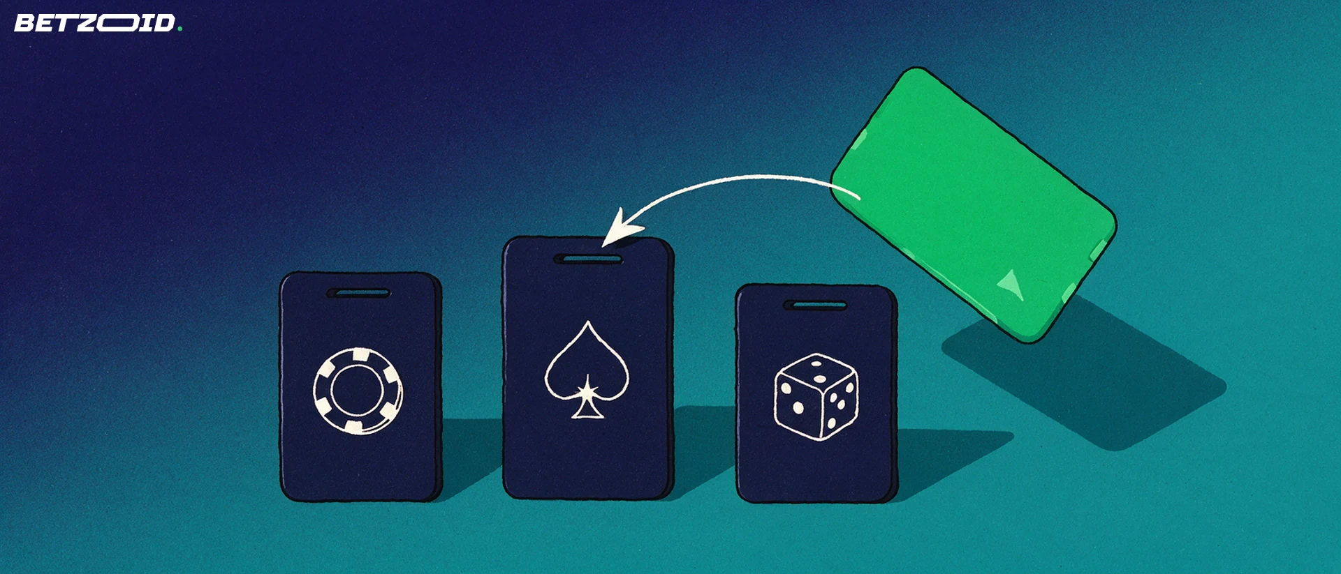 Ilustración de tres placas con símbolos de casino y una ficha de billetera digital que cae en la ranura de una de ellas.