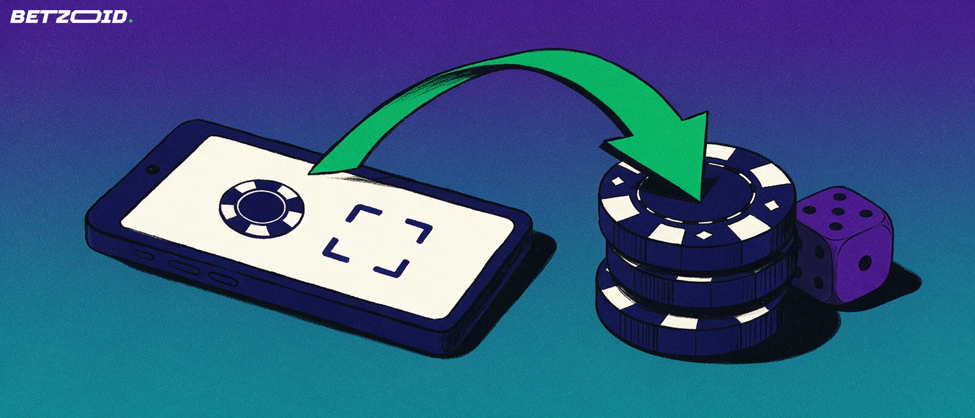 Ilustración de un teléfono con símbolos de ficha y código de escaneo, con una flecha verde que lleva el pago a una pila de fichas de casino.