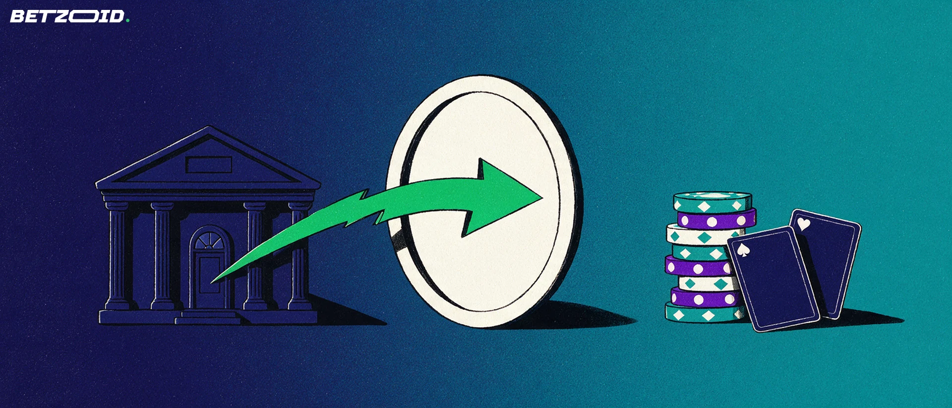 Illustration eines Bankgebäudes, von dem ein grüner Blitzpfeil zu einem Stapel Casino-Chips und zwei Spielkarten führt.