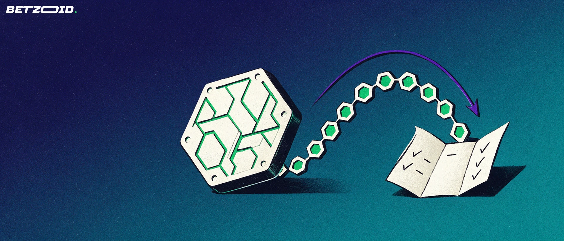 Illustration of a large crypto token feeding a chain of hexagonal blocks into an open paper betting slip.