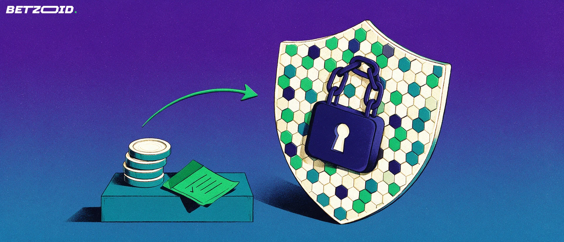 Illustration of a shield made of hexagonal blockchain tiles with a chain-link padlock guarding crypto tokens and a betting slip.