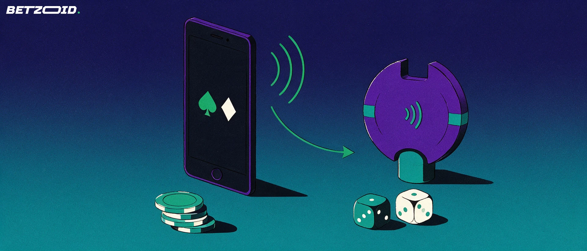 Illustration of a smartphone sending contactless waves to a chip-shaped tap reader beside casino chips and dice.