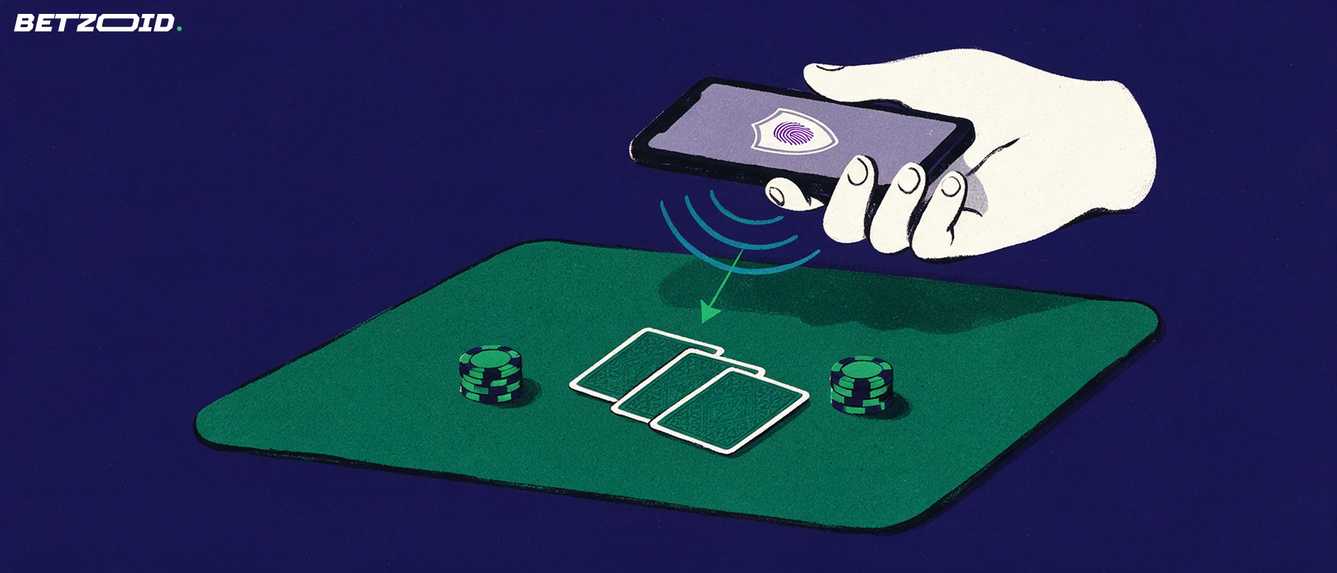 Overhead illustration of a hand holding a phone with a fingerprint shield, sending contactless waves onto a card table with chips.