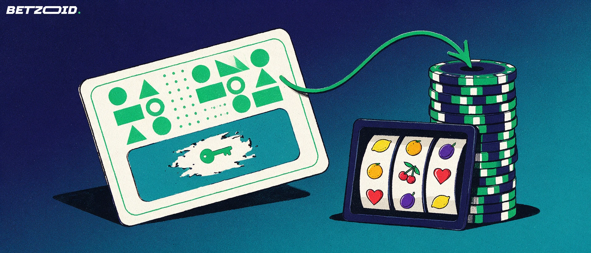 Illustration of a prepaid voucher card with a scratched panel and an arrow pointing into a stack of casino chips next to a slot reel.