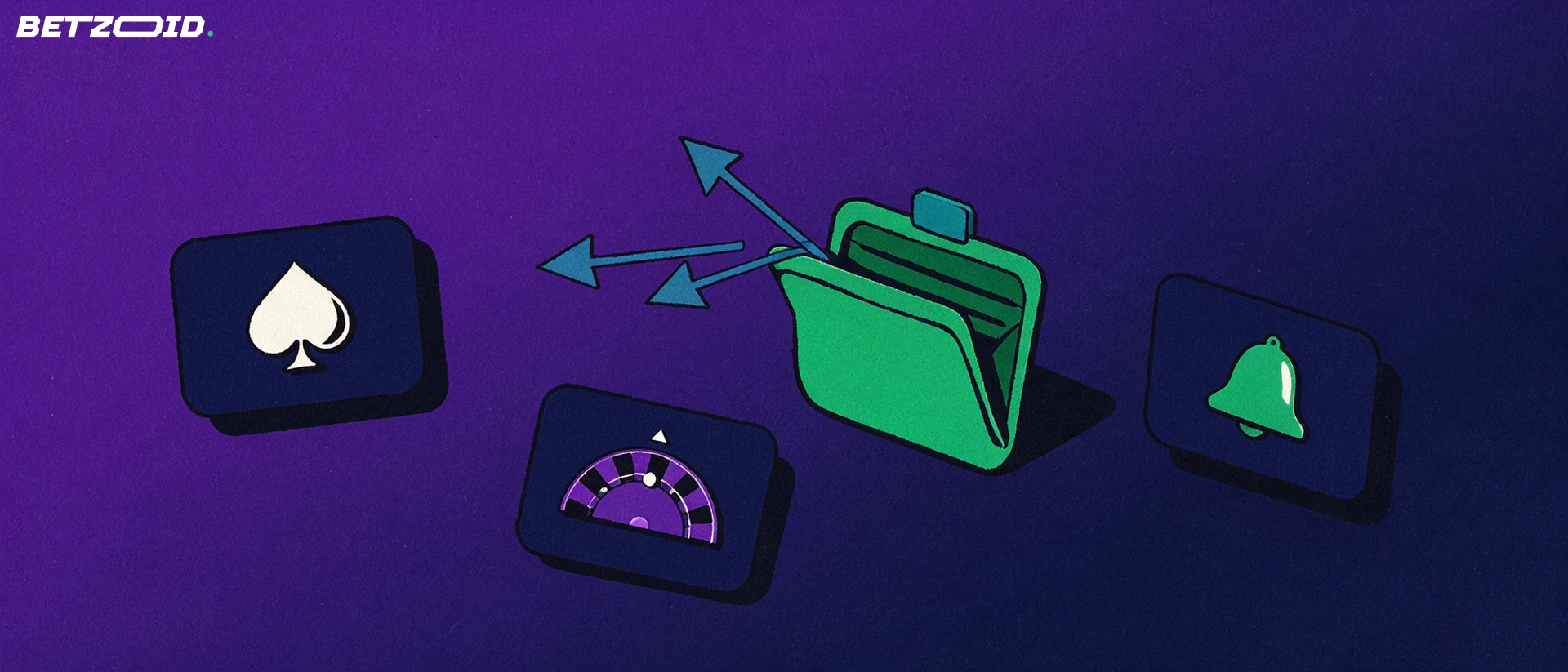 Illustration of an open digital wallet with three arrows leading to separate tiles showing a spade, a roulette wheel segment and a slot machine bell.