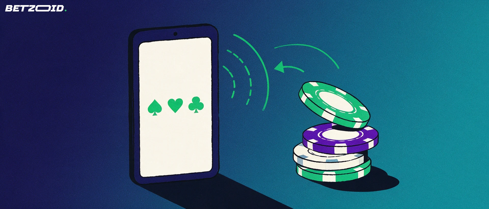 Illustration of a smartphone sending contactless waves toward a stack of casino chips, with an arrow showing a chip moving to the phone.