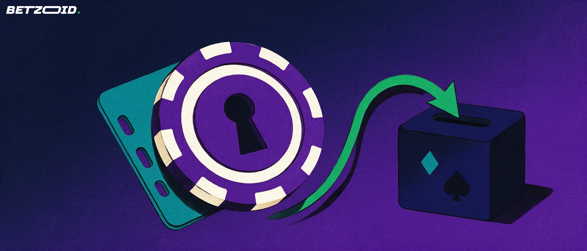 Illustration of a purple casino chip with a keyhole travelling along an arrow into a cashier slot beside a slim digital wallet card.
