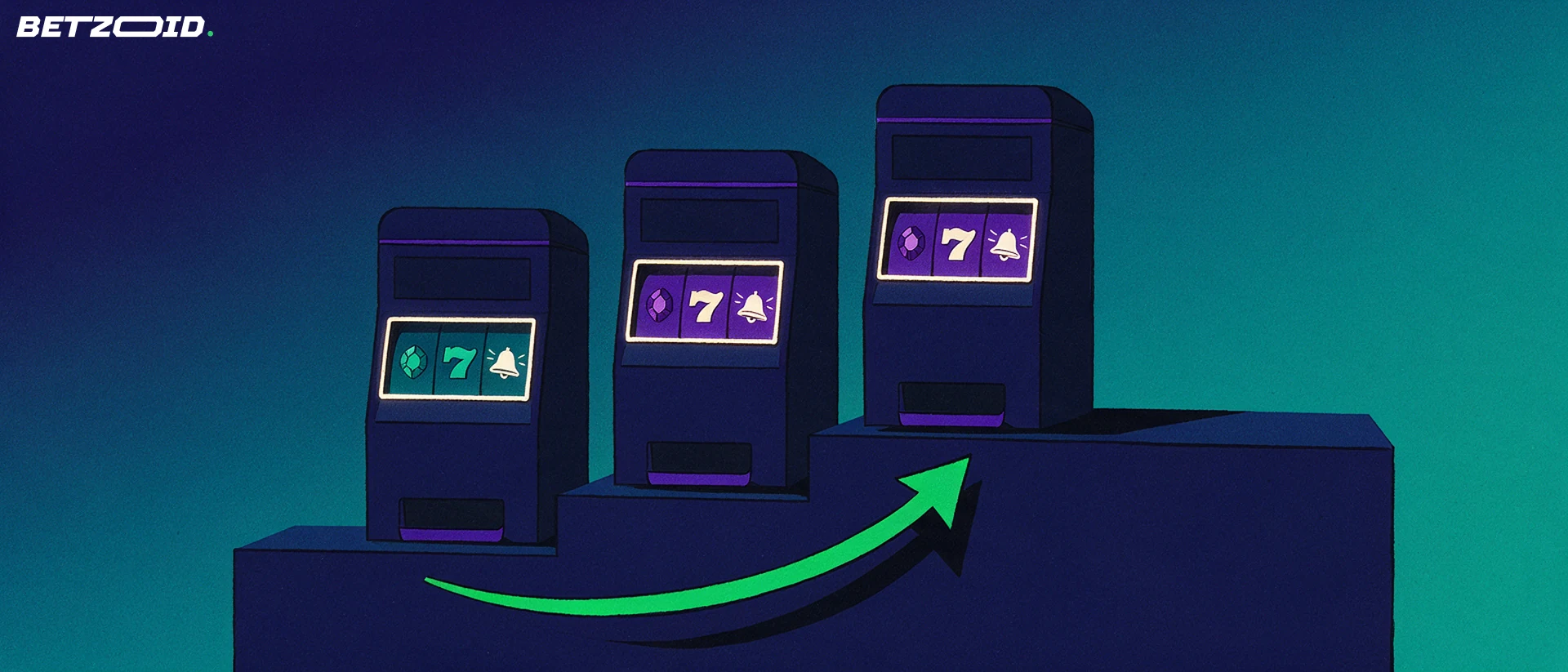 Illustration of three slot machine cabinets of different heights arranged on a stepped podium with an upward arrow.