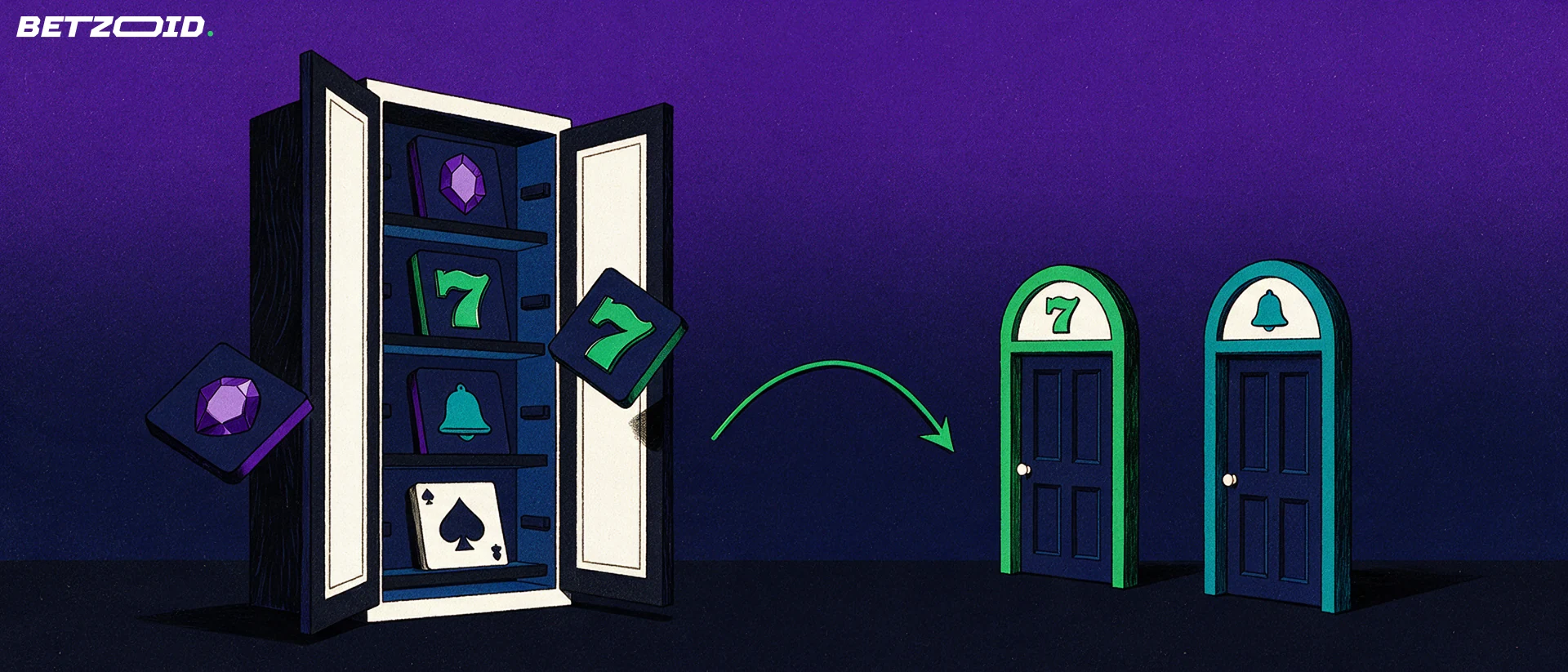 Illustration of an open cabinet holding slot game symbol tiles that travel along an arrow toward two small casino doorways.