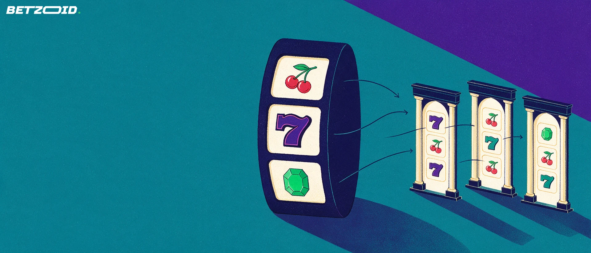 Illustration of a slot reel drum sending game symbols through arrows into three small casino archways.