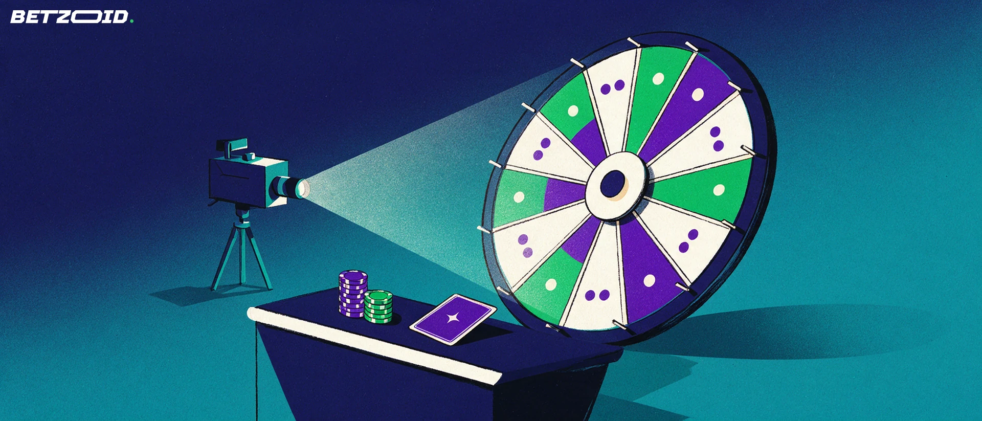 Illustration of a segmented live casino wheel and dealer table filmed by a simple studio camera.