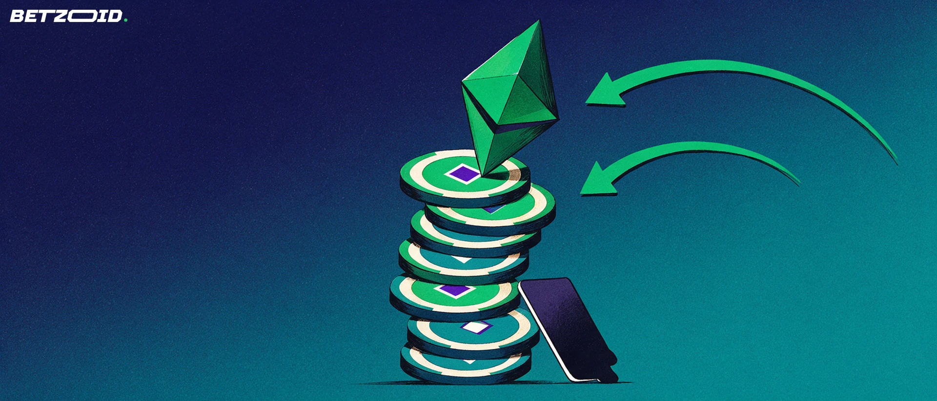 Illustration of a faceted Ethereum crystal descending into a stack of casino chips, with arrows showing the transfer.