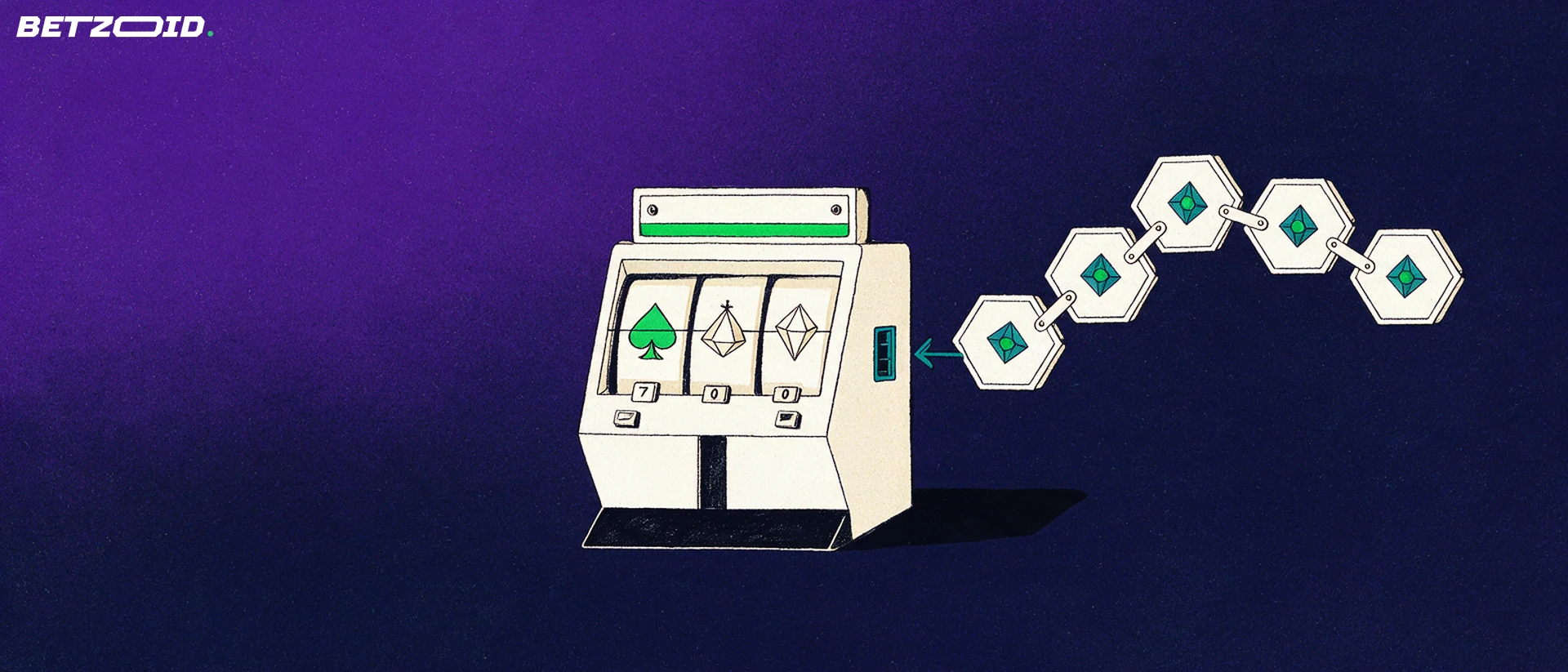 Illustration of a slot machine with simple symbols connected to a chain of hexagonal blockchain blocks.