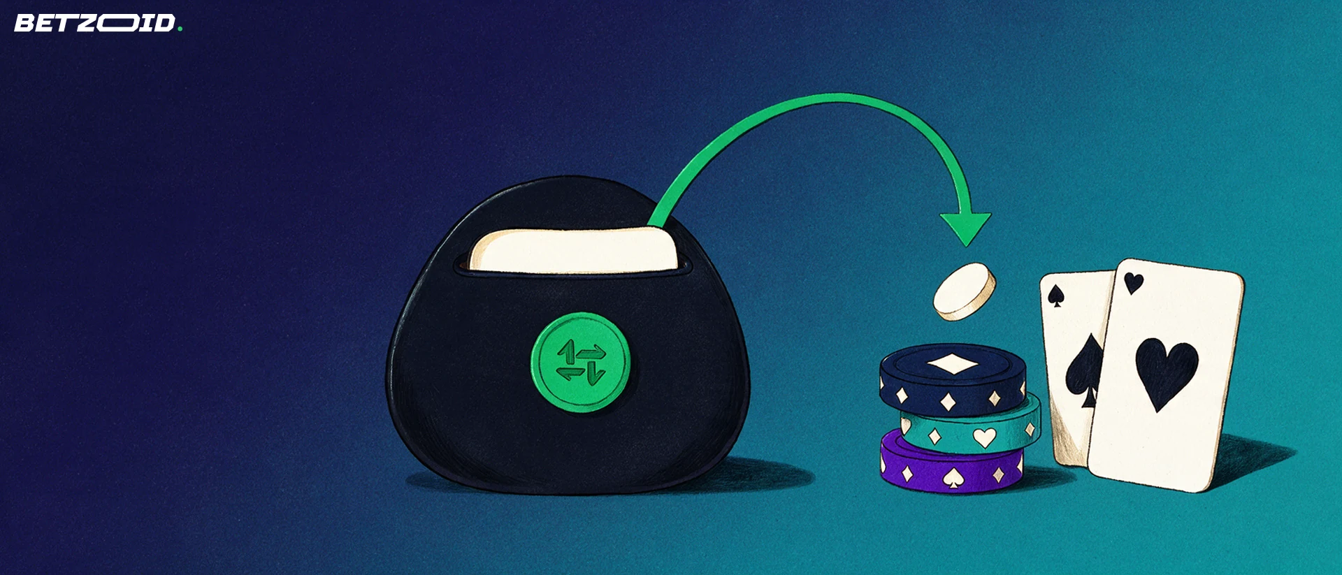 Illustration of a digital e-wallet sending a token along a green arrow into a stack of casino chips beside two playing cards.