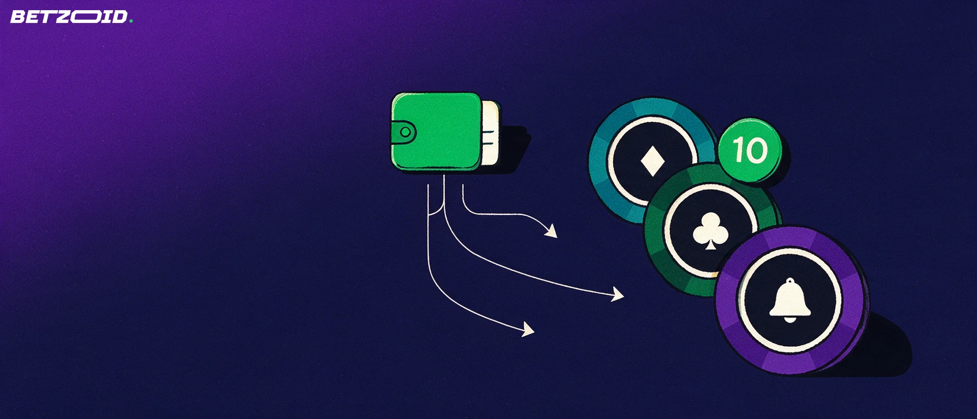Illustration of one e-wallet icon linked by three arrows to a stepped podium of casino chips, with a small badge reading 10.
