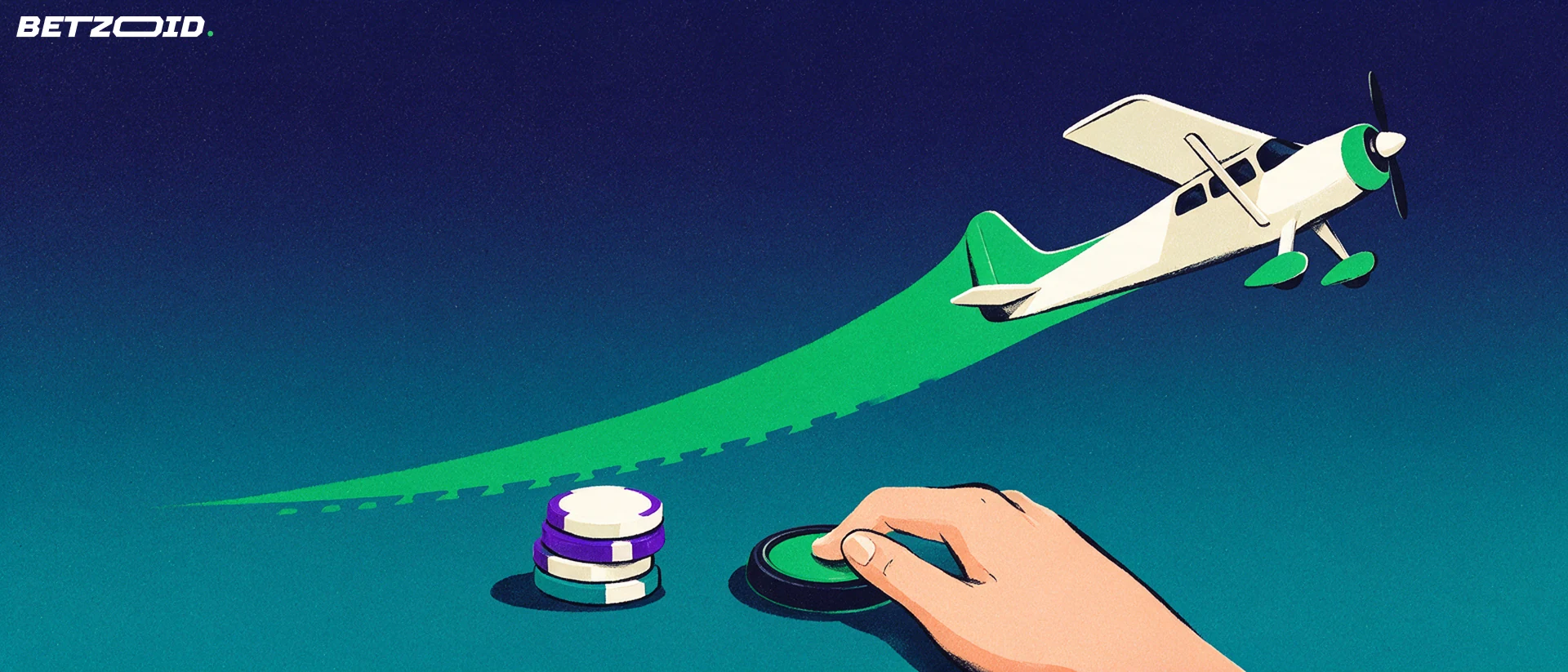 Illustration of a small aeroplane climbing a rising green curve above casino chips and a round cash-out button.