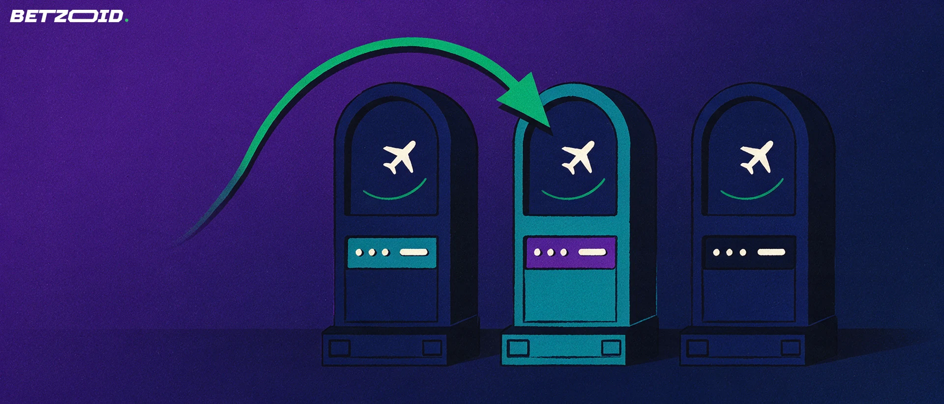 Illustration of three casino game cabinets each showing the same rising aeroplane symbol, with an arrow pointing at the middle one.