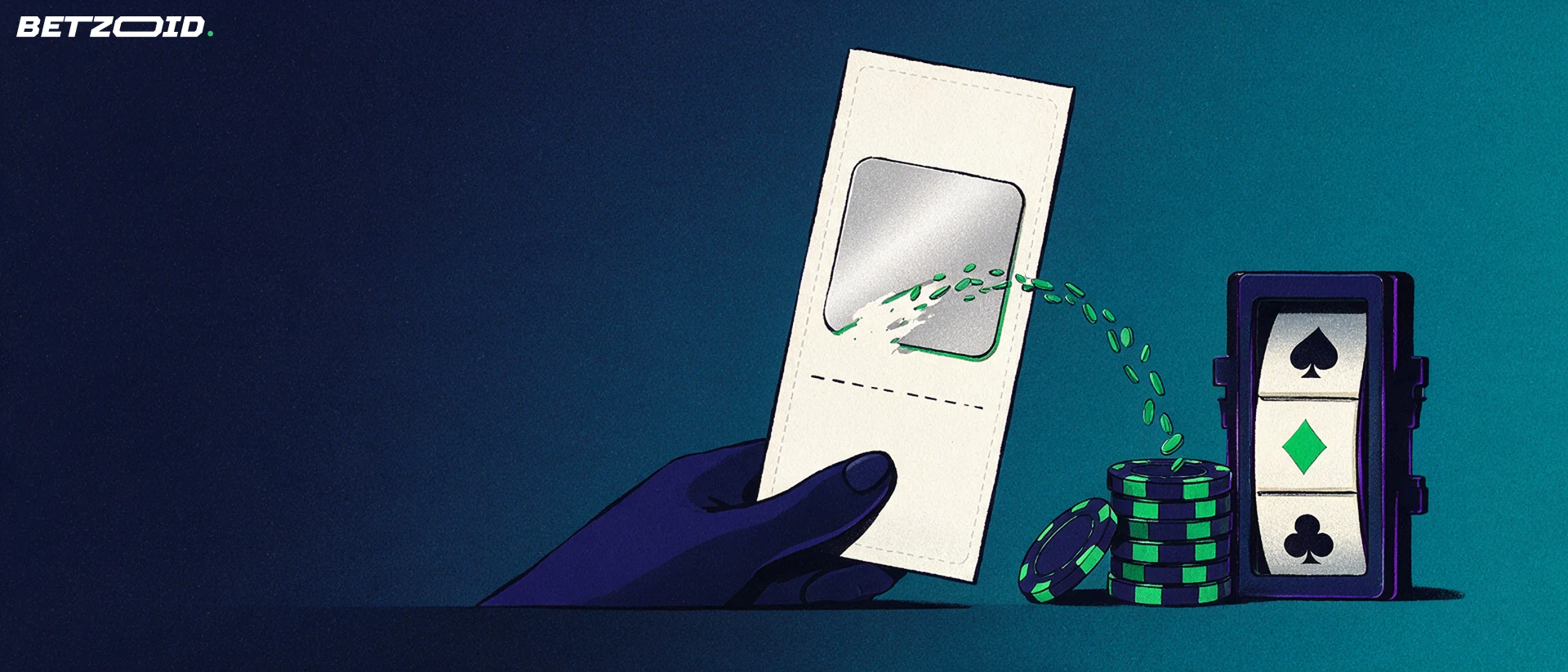 Illustration of a prepaid voucher with a scratched panel sending tokens into casino chips and a slot reel of card suits.