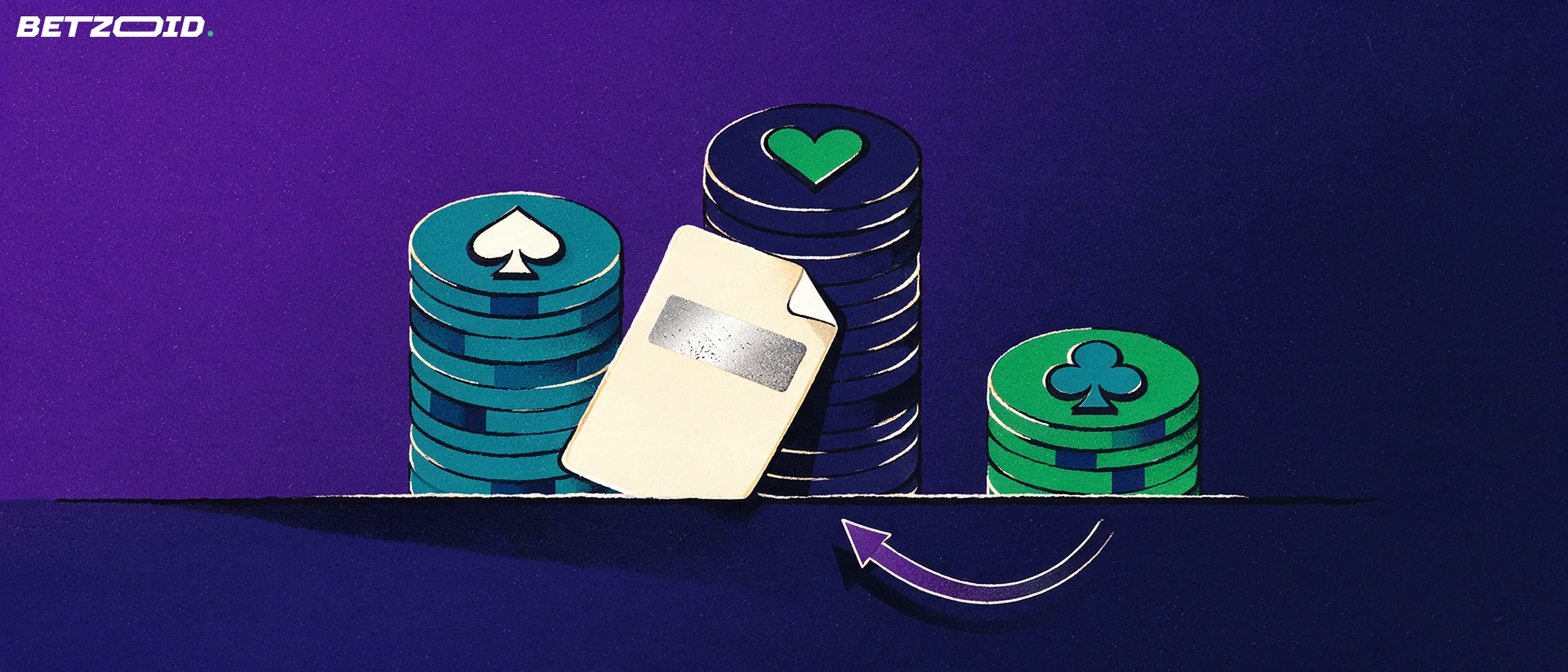 Illustration of three casino chip stacks of different heights topped with card suits, with a prepaid voucher leaning on the tallest.