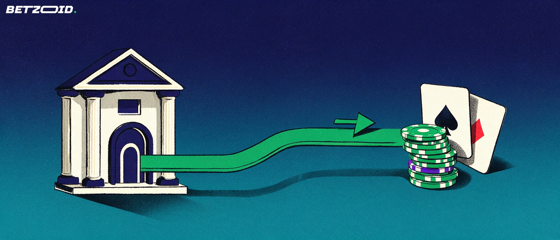 Illustration of a bank building connected by a green channel and arrow to a stack of casino chips and playing cards.
