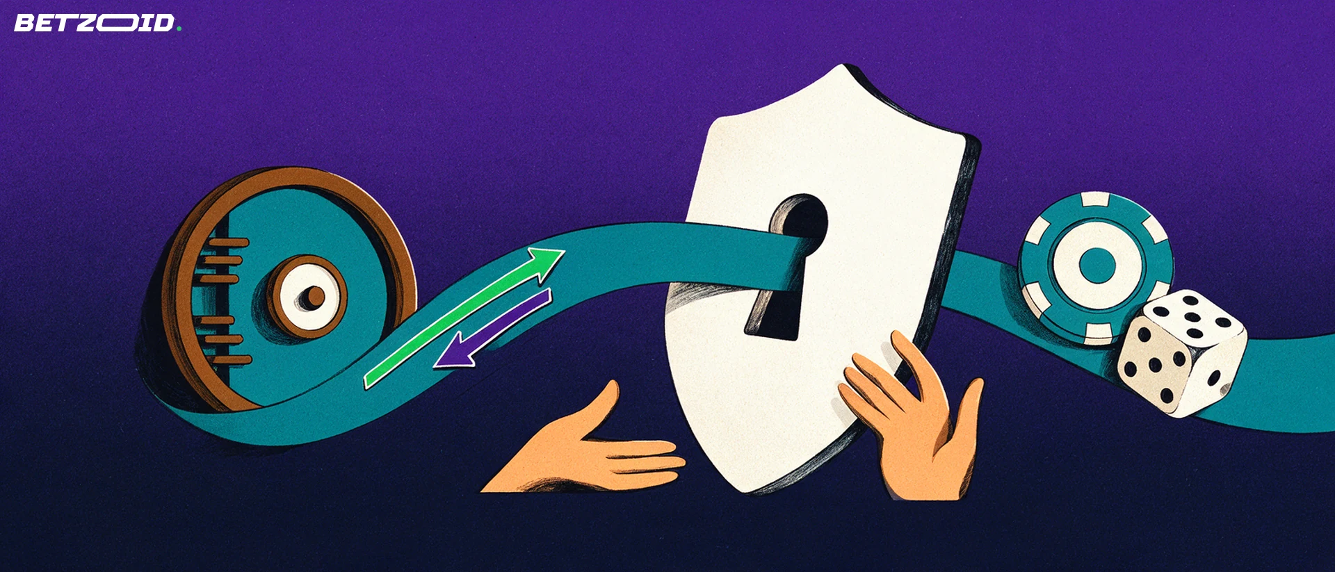 Illustration of a shield with a keyhole linking a bank vault door to a casino chip and dice with two directional arrows.