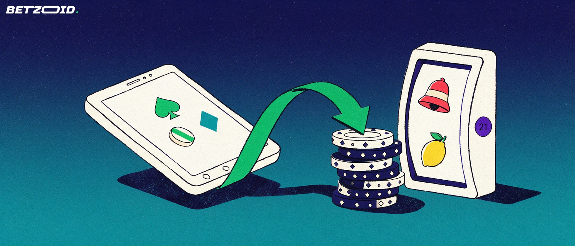 Illustration of a smartphone with card-suit symbols sending an arrow of funds into a stack of casino chips beside a slot reel