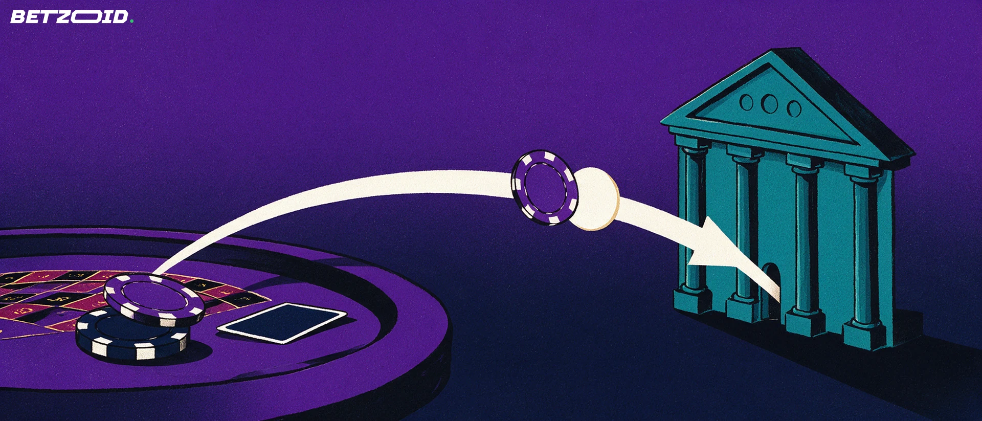 Illustration of casino chips turning into a token that travels along an arrow into a small bank building, showing a payout transfer