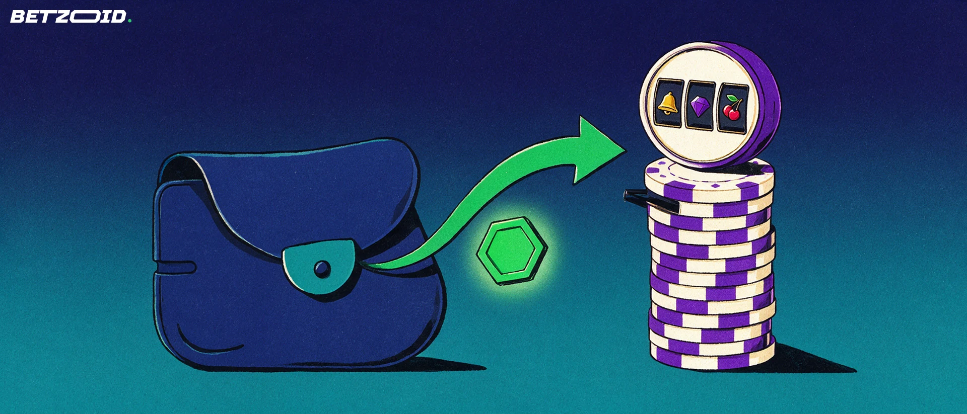 Ilustração de uma carteira digital liberando uma ficha hexagonal que segue por uma seta até a fenda de uma pilha de fichas de cassino com um cilindro de caça-níquel.