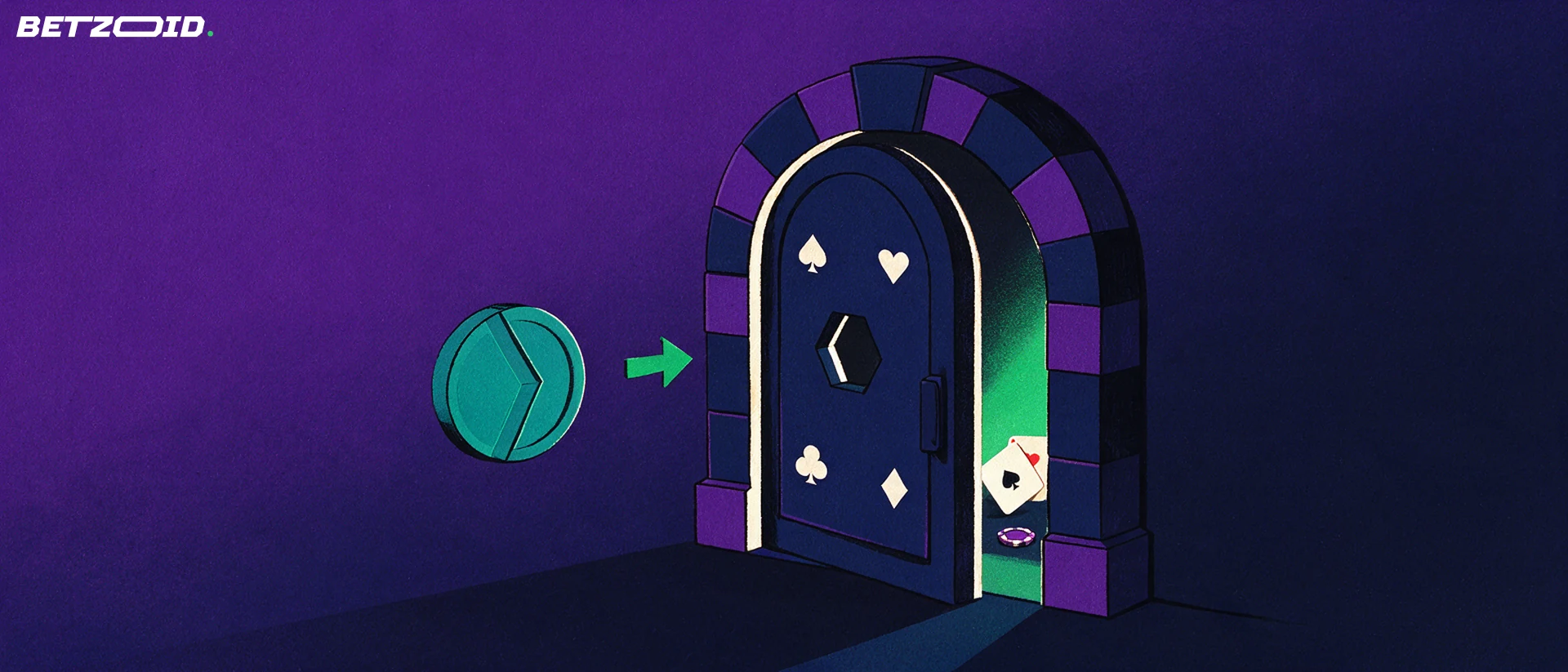 Ilustração de um portal com naipes de baralho e fechadura hexagonal sendo aberto por uma ficha de pagamento digital em teal.