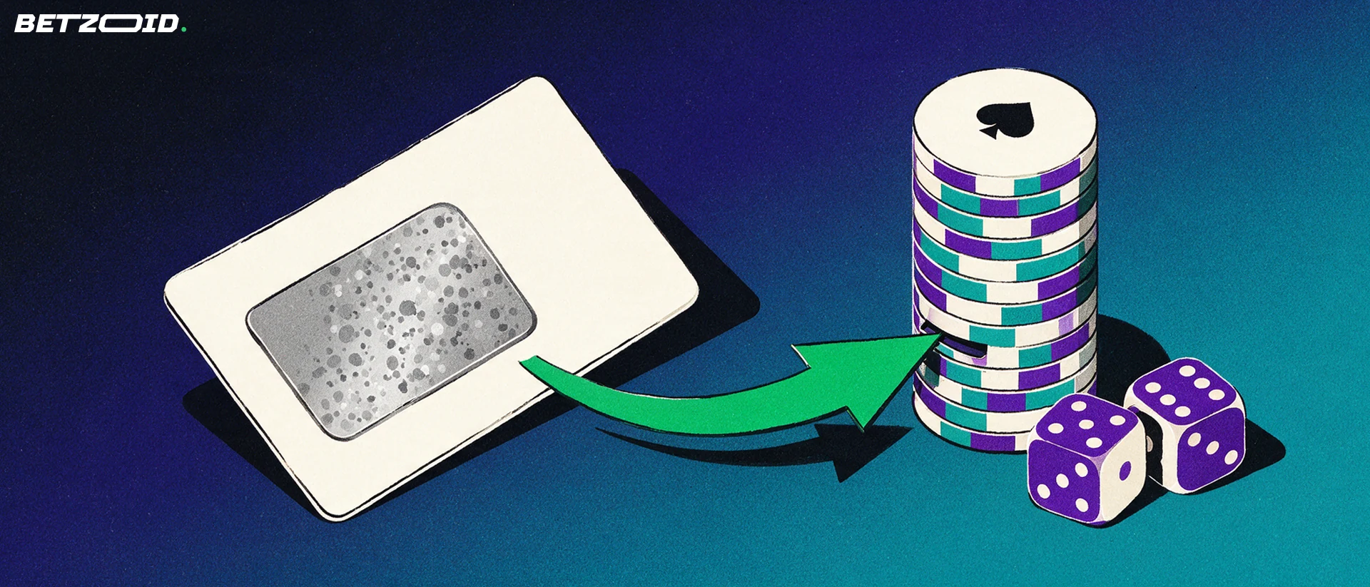 Ilustração de um voucher pré-pago com faixa de raspar ligado por uma seta verde a uma torre de fichas de cassino com naipe e dados.