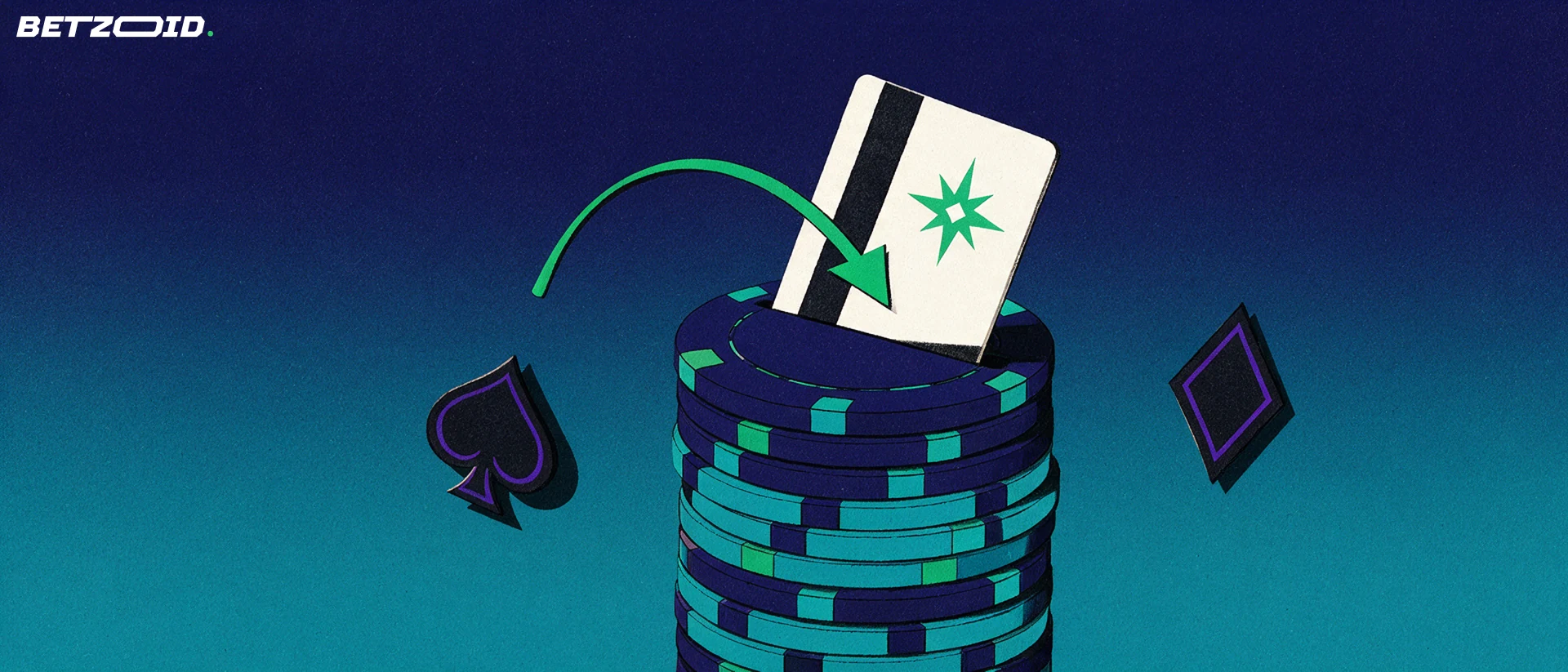 Illustration of a prepaid payment card sliding into a slot in a stack of casino chips, with an arrow showing the deposit direction.