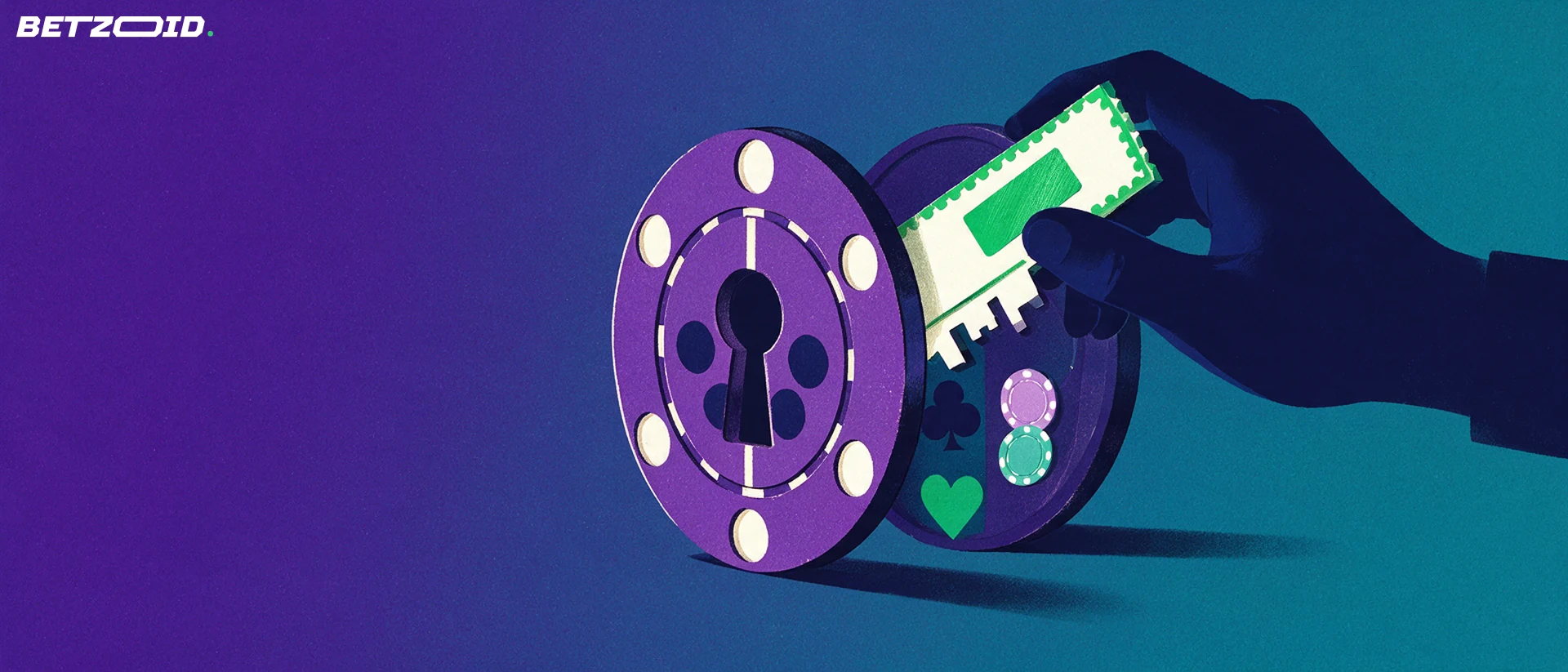 Illustration of a prepaid voucher shaped like a key unlocking a large casino chip that opens like a door onto card suit symbols.