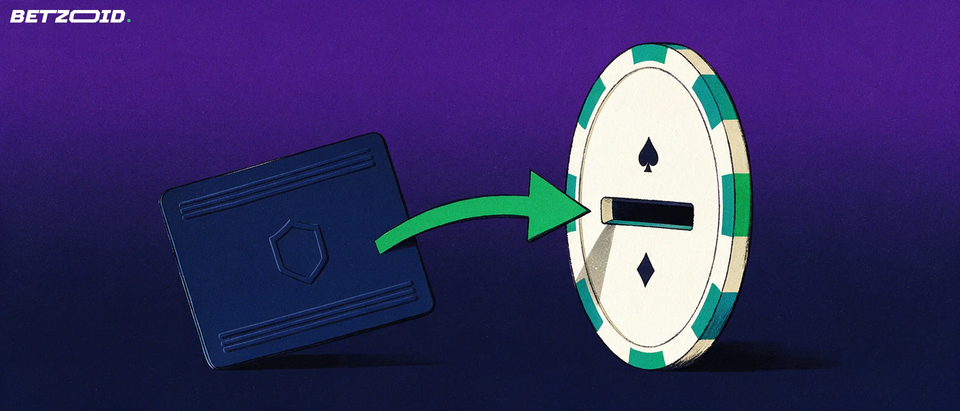Illustration of a blank navy charge card sliding into a slot in a large upright casino chip, with an arrow showing a deposit.